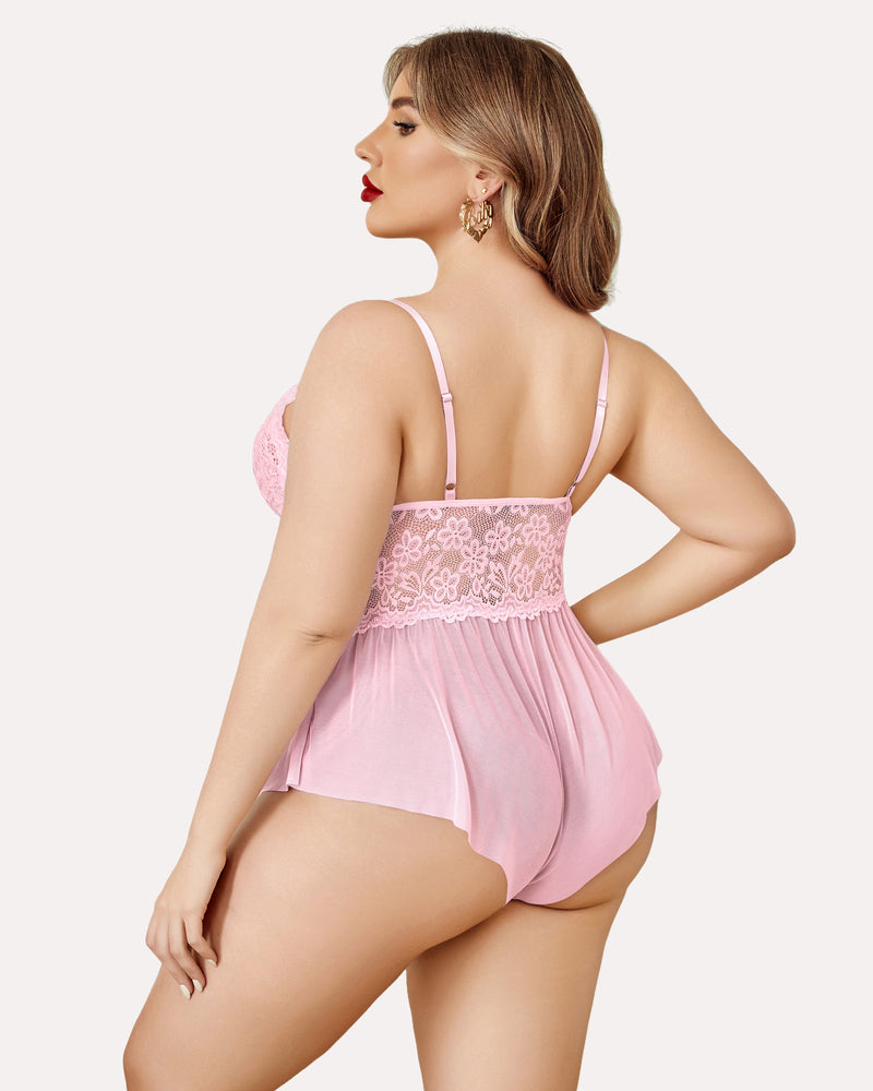 Plus size light pink lace teddy bodysuit with adjustable straps and ruffle trim, sexy lingerie