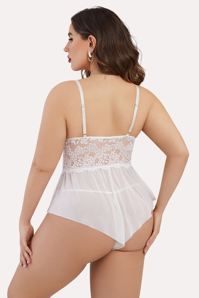 Plus size white lace teddy bodysuit with adjustable straps and ruffle hem. Sexy lingerie for women.