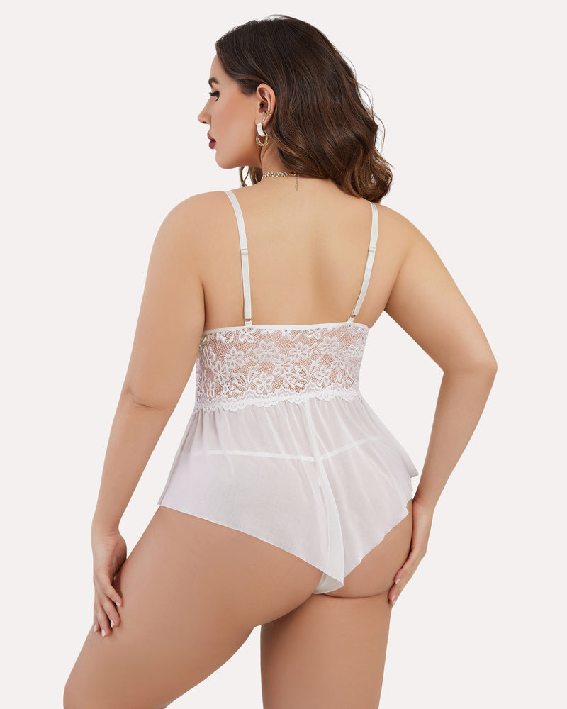 Plus size white lace teddy bodysuit with adjustable straps and ruffle hem. Sexy lingerie for women.