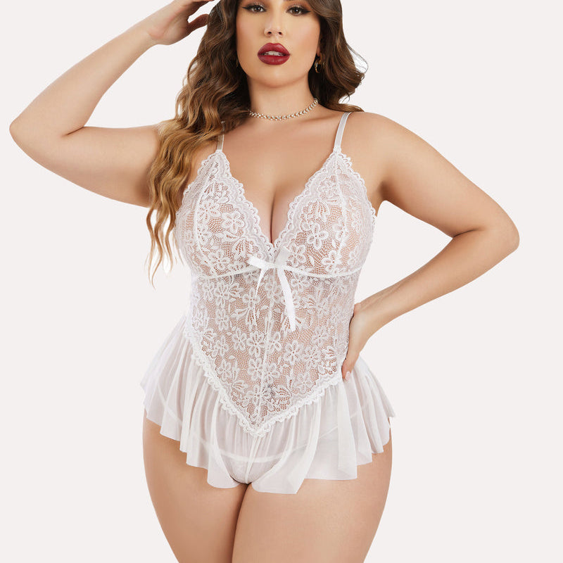 Plus size white lace teddy bodysuit with adjustable straps and ruffle trim for women, sexy lingerie
