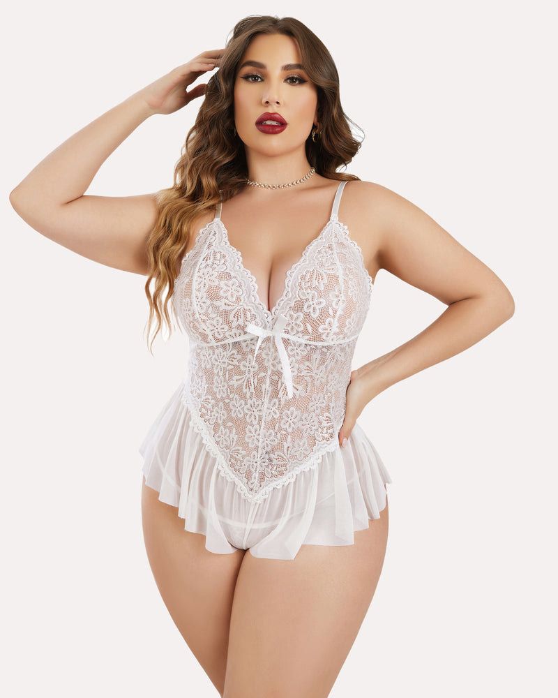 Plus size white lace teddy bodysuit with adjustable straps and ruffle trim for women, sexy lingerie