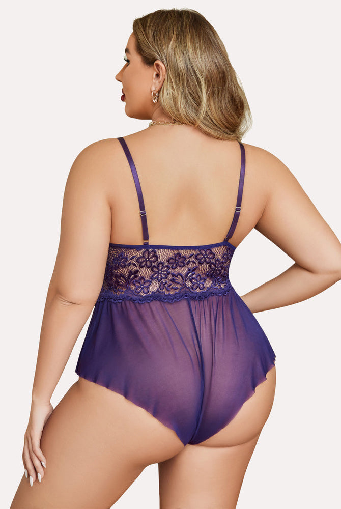 Plus Size Purple Lace Teddy Bodysuit with Adjustable Straps and Floral Lace Detail