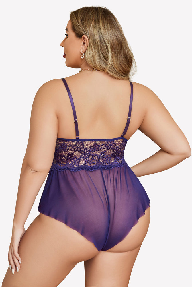 Plus size purple lace bodysuit with adjustable straps and ruffle skirt on model, sexy teddy lingerie