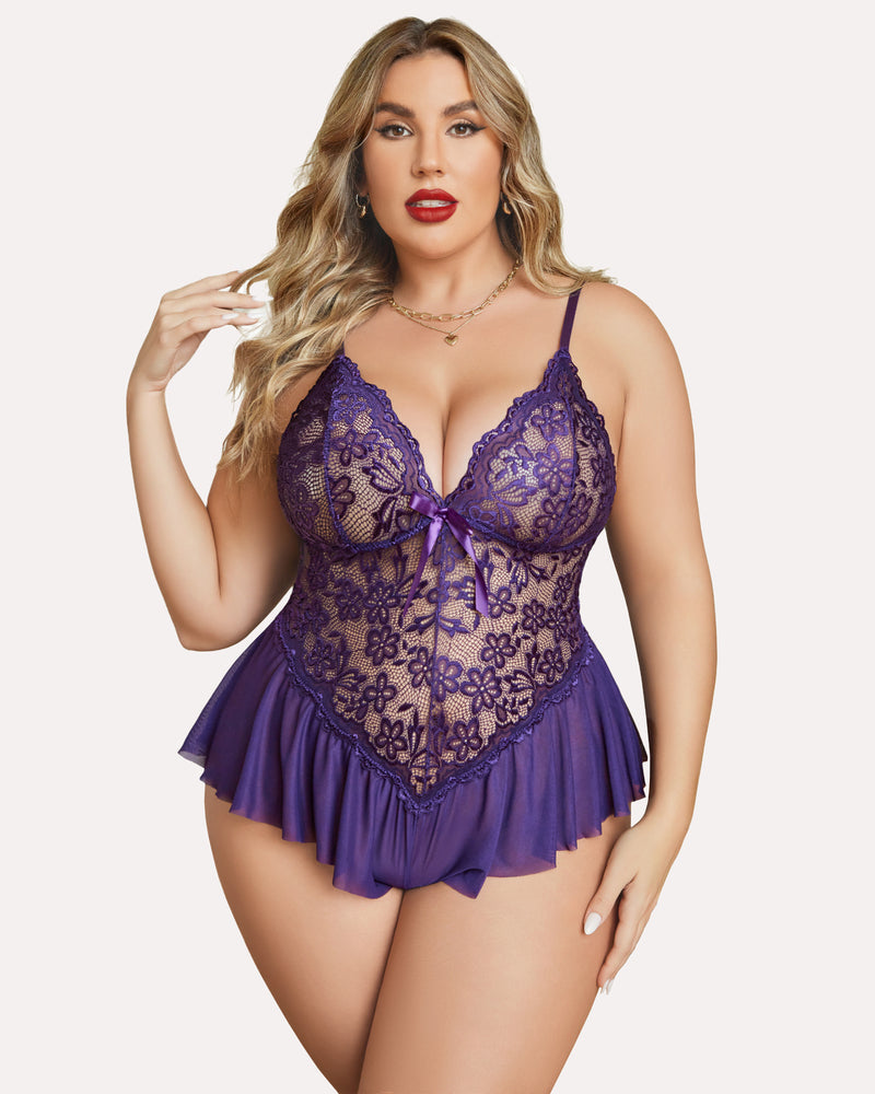 Plus Size Purple Lace Teddy Bodysuit with Adjustable Straps and Ruffle Trim. Sexy lingerie for women