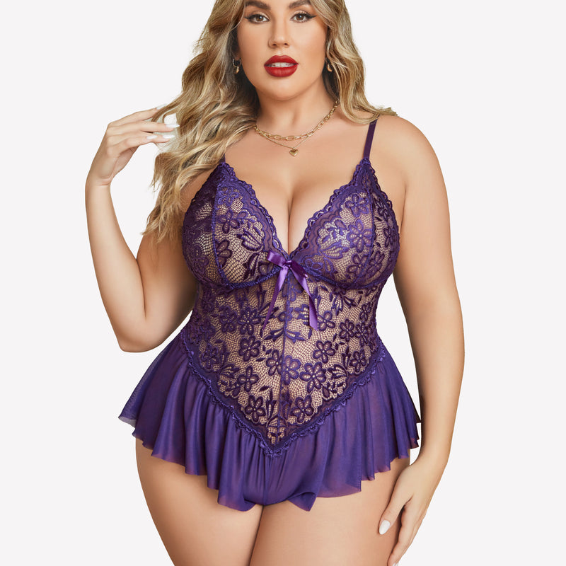 Plus size purple lace bodysuit with adjustable straps and ruffle skirt on model, sexy lingerie