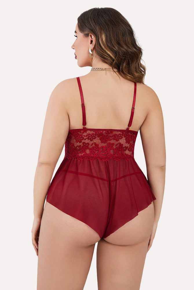 Burgundy lace plus size teddy bodysuit with adjustable straps and ruffle trim. Sexy lingerie.