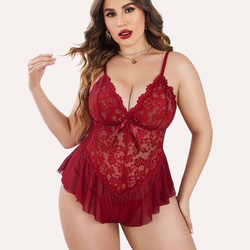 Burgundy lace plus size teddy bodysuit with adjustable straps and ruffle hem. Sexy lingerie.