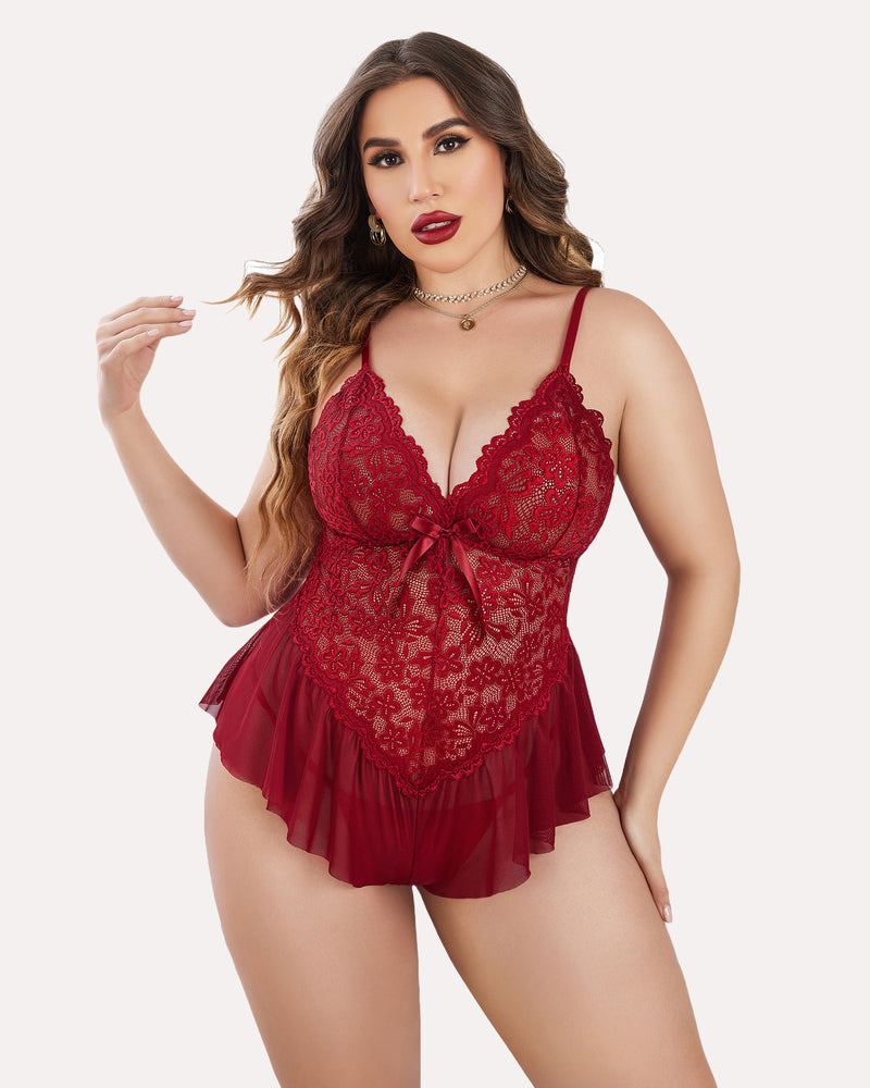 Burgundy lace plus size teddy bodysuit with adjustable straps and ruffle hem. Sexy lingerie.