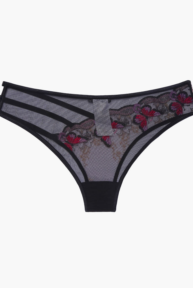 Avidlove black mesh panties with pink and red floral embroidery, triple straps, sexy lingerie