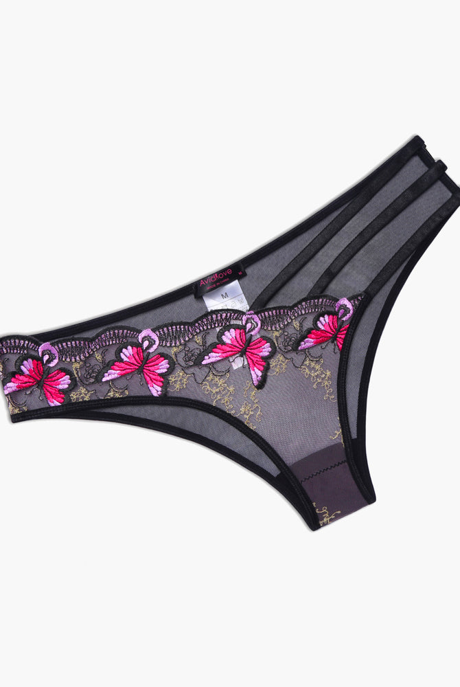 Avidlove Butterfly Embroidered Mesh Panties, black and pink floral, triple straps, sexy lingerie