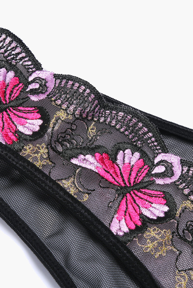 Butterfly embroidered black mesh Avidlove panties with pink and purple floral design, sexy lingerie