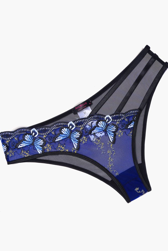 Avidlove blue butterfly embroidered mesh panties, triple straps, sexy lingerie, low rise, mesh.