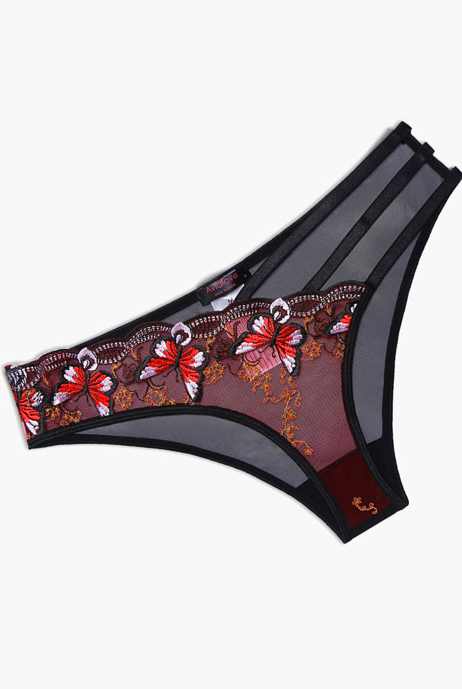 Avidlove butterfly embroidered mesh panties, burgundy, red floral, triple straps, sexy lingerie
