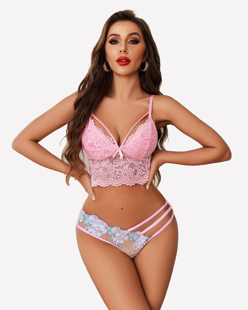 Pink lace lingerie set with butterfly embroidered mesh panties, triple strap design, for a sexy look