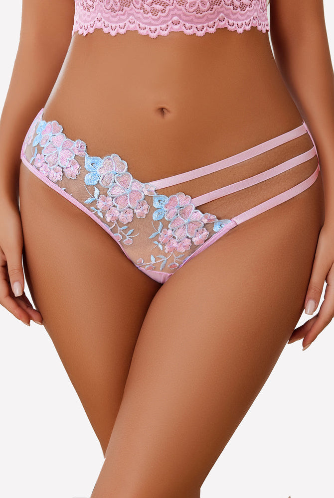 Avidlove pink butterfly embroidered mesh panties with triple straps, floral design, sexy lingerie.