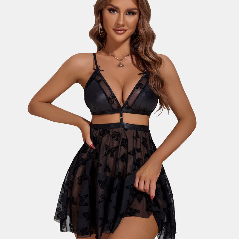 Black mesh babydoll lingerie set with butterfly print; bridal sleepwear