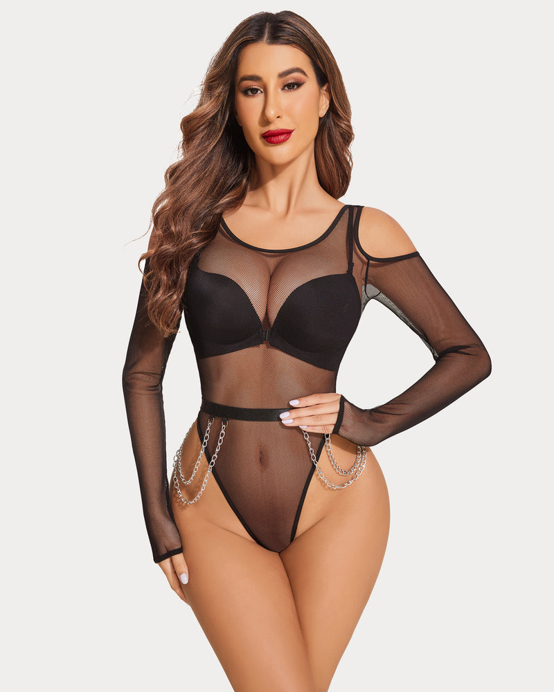 Black mesh bodysuit with chains, snap crotch teddy, long sleeve lingerie for women