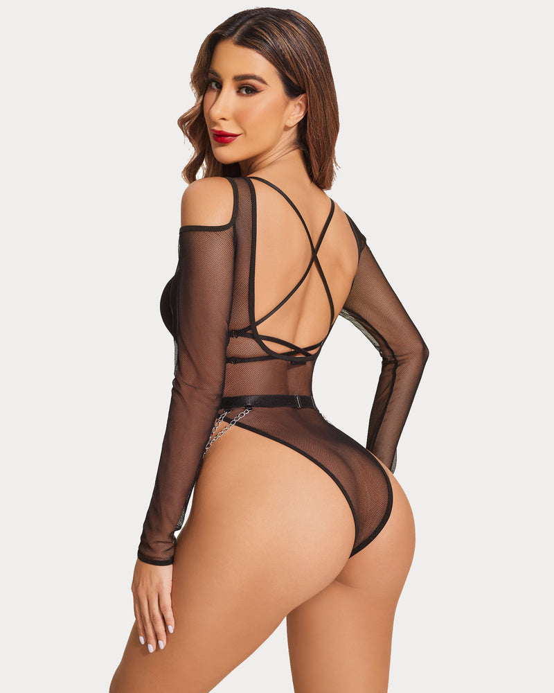 Mesh bodysuit with chains, snap crotch, long sleeve lingerie for women