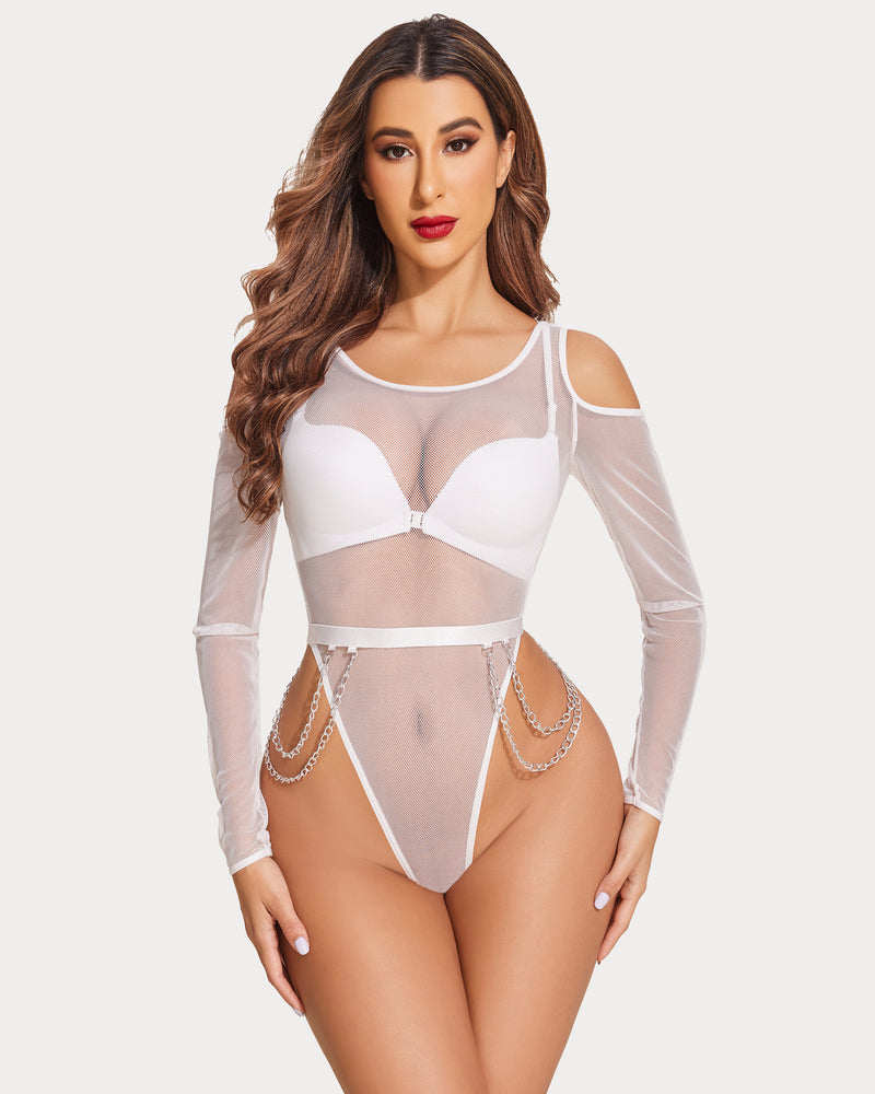 White mesh bodysuit with chain waist, long sleeves, and snap crotch; sexy lingerie for women.