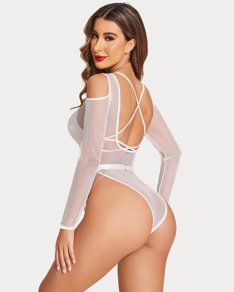 White mesh bodysuit with chain waist, long sleeves, snap crotch; sexy lingerie for women