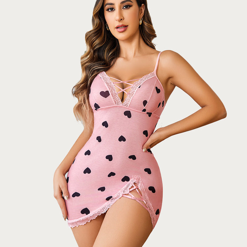 Pink heart-print slip dress with lace trim, deep V-neck and side slit