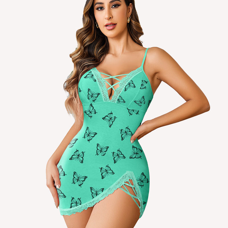 Avidlove butterfly print slip dress with lace trim, adjustable straps, and side slit. Sexy lingerie.
