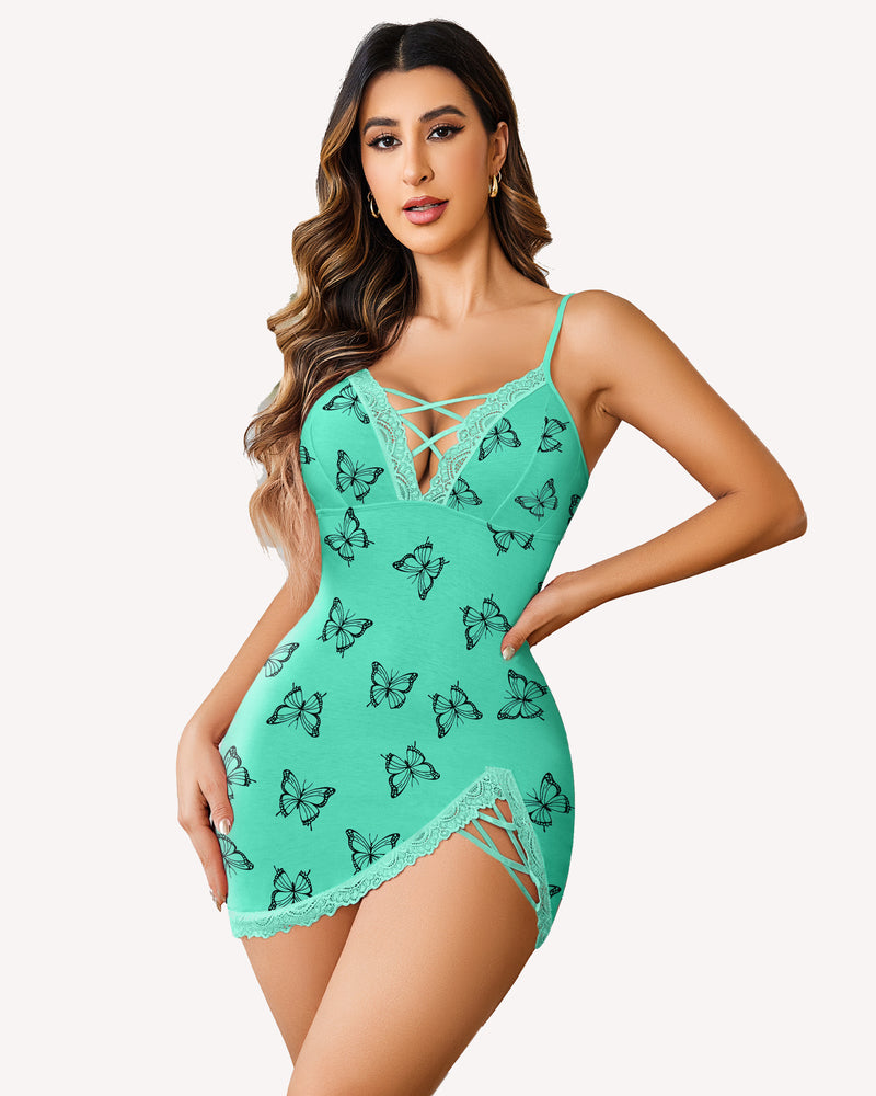 Avidlove butterfly print slip dress with lace trim, adjustable straps, and side slit. Sexy lingerie.