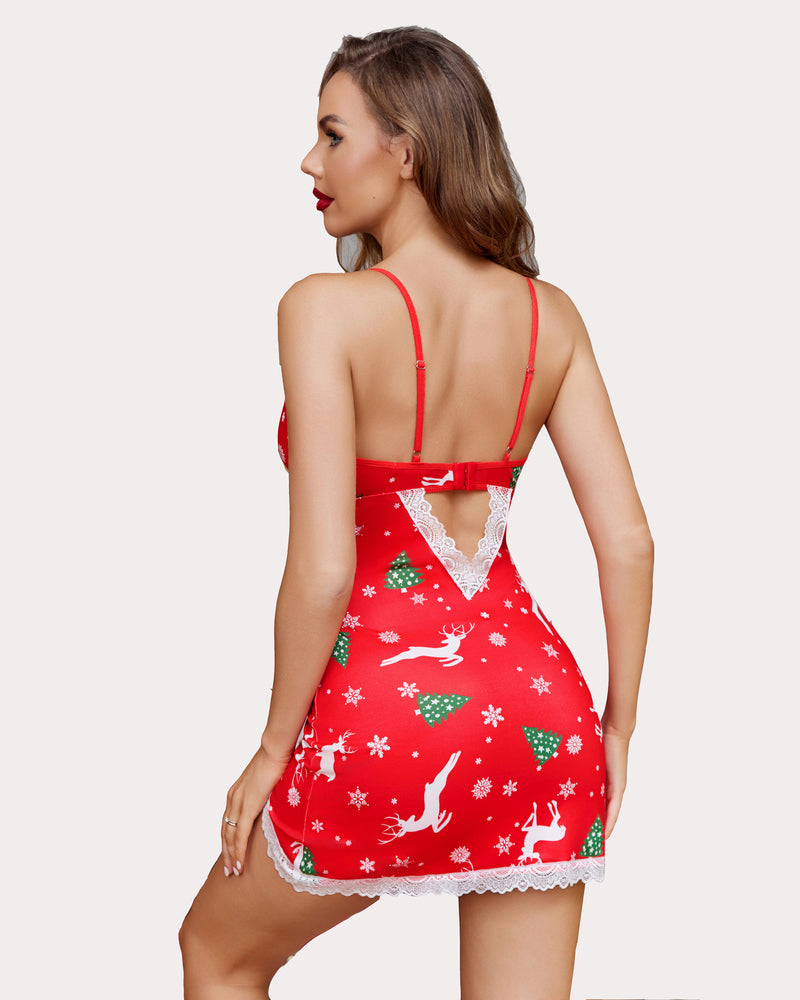 Red Christmas Lace Full Slip Side Slit Dress with Lace Trim and Holiday Print