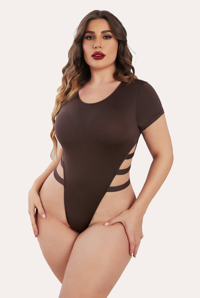 Coffee brown short-sleeve cut-out bodysuit leotard with side strap openings
