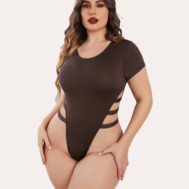 Coffee brown short-sleeve cut-out bodysuit leotard with side strap openings