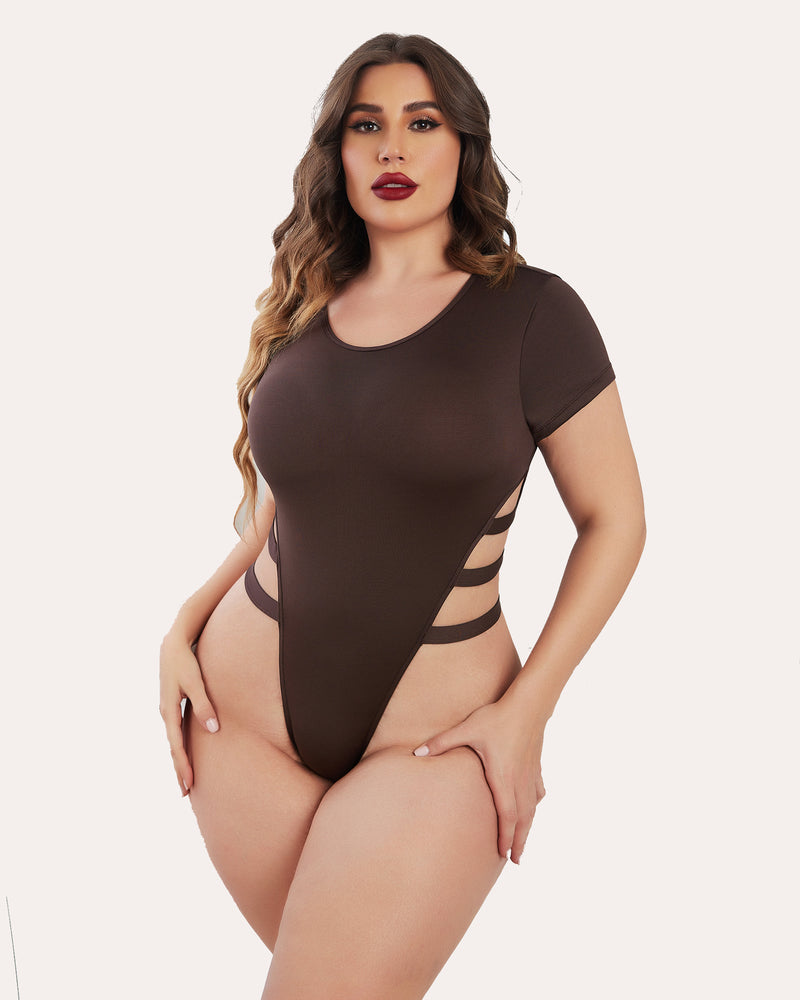 Brown cut-out bodysuit. Short sleeve leotard lingerie, sexy and stylish for women, crew neck design.
