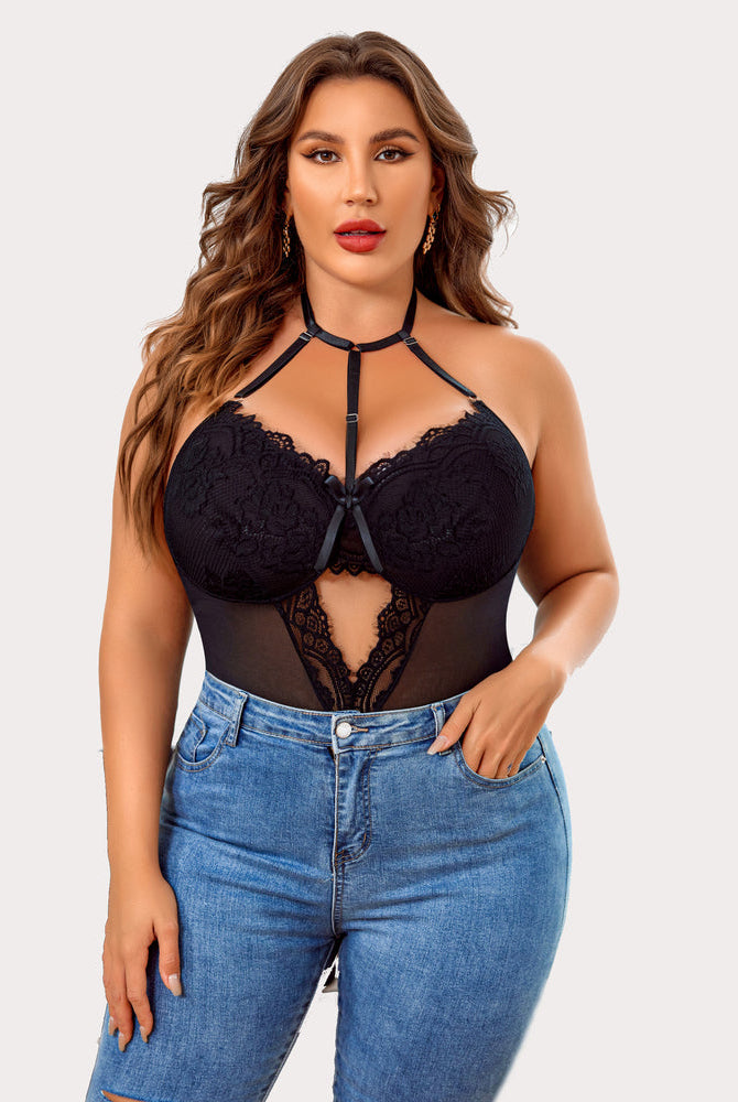Plus Size Black Lace Bodysuit with Halter Neck and Cut-Out Detail