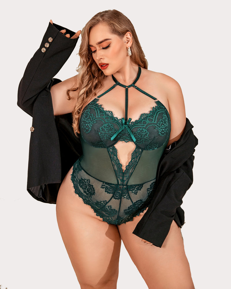 Plus Size Emerald Green Lace Bodysuit Teddy with Halter Neck and Cut-Out Detail, sexy lingerie