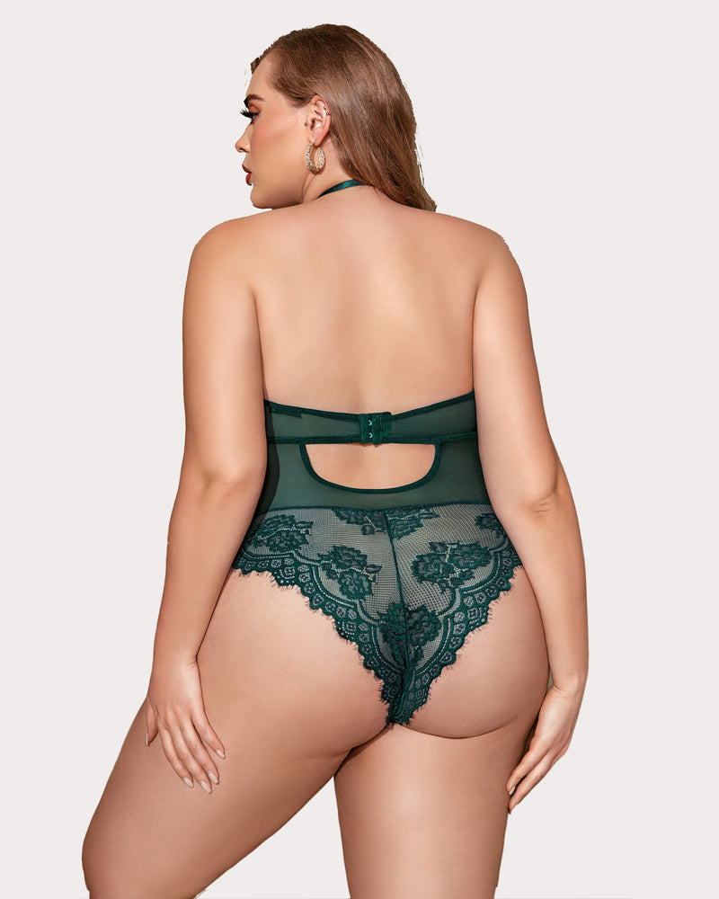 Emerald green plus size lace bodysuit featuring halter neck, cut-out back and floral lace pattern.