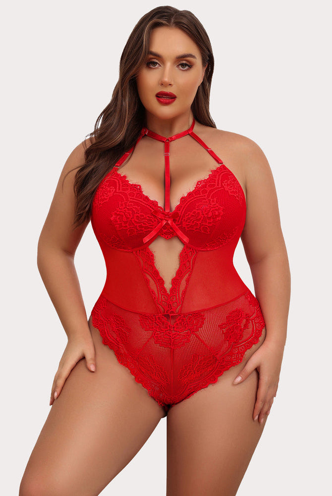 Plus Size Red Lace Bodysuit Teddy with Halter Neck and Cut-Out Detail