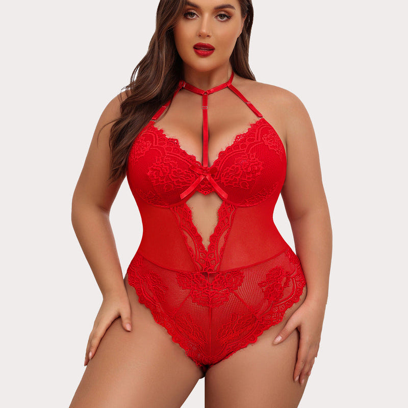 Plus Size Red Lace Bodysuit Teddy with Halter Neck and Cut-Out Detail