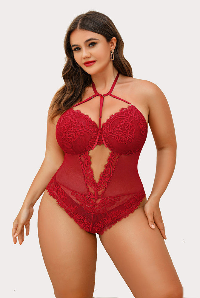 Plus Size Red Lace Bodysuit Teddy with Halter Neck and Cut Out Detail