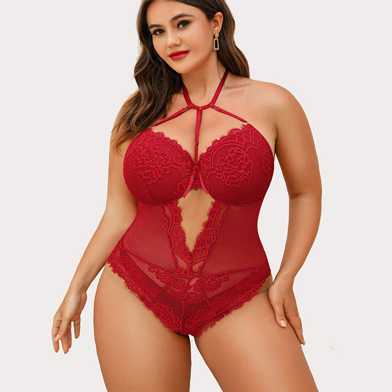 Plus Size Red Lace Bodysuit Teddy with Halter Neck and Cut Out Detail