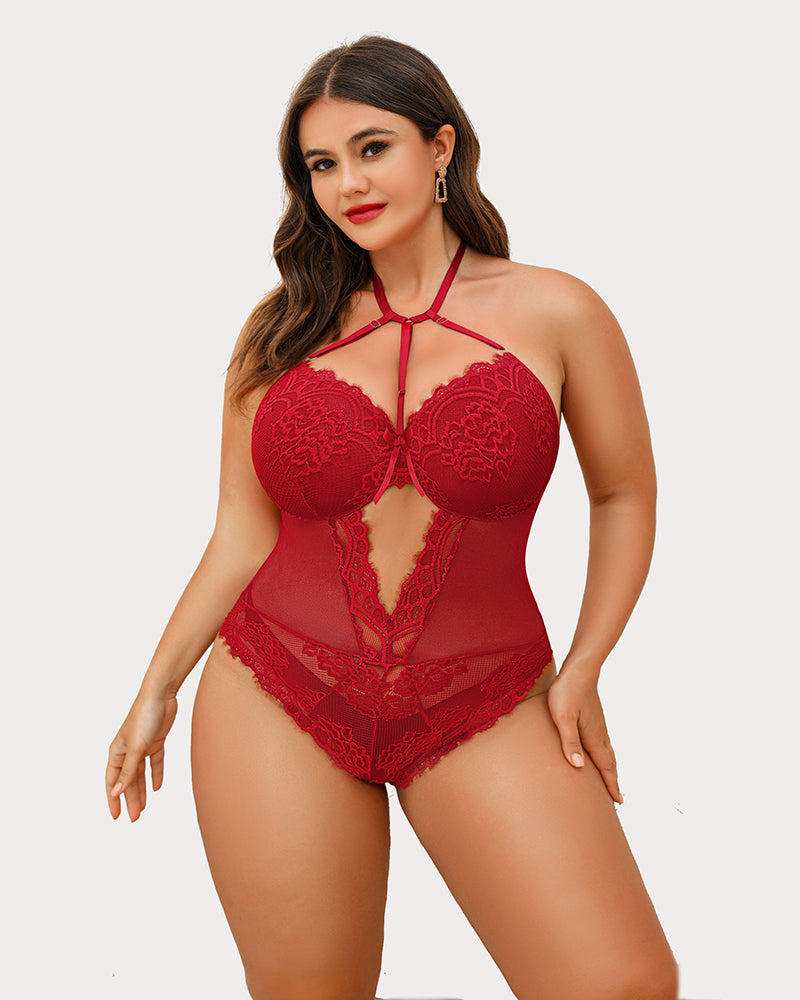 Plus Size Red Lace Bodysuit Teddy with Halter Neck and Cut Out Detail