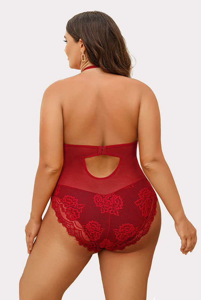 Plus Size Burgundy Lace Bodysuit with Halter Neck and Cut-Out Detail