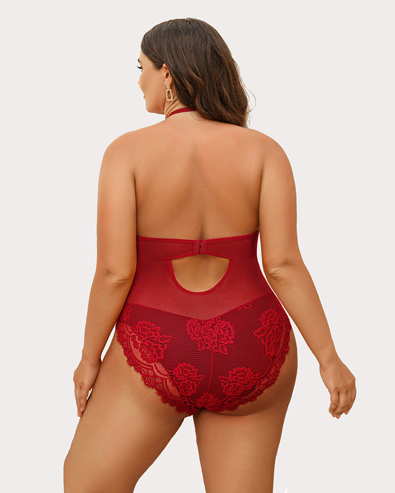 Plus Size Burgundy Lace Bodysuit with Halter Neck and Cut-Out Detail