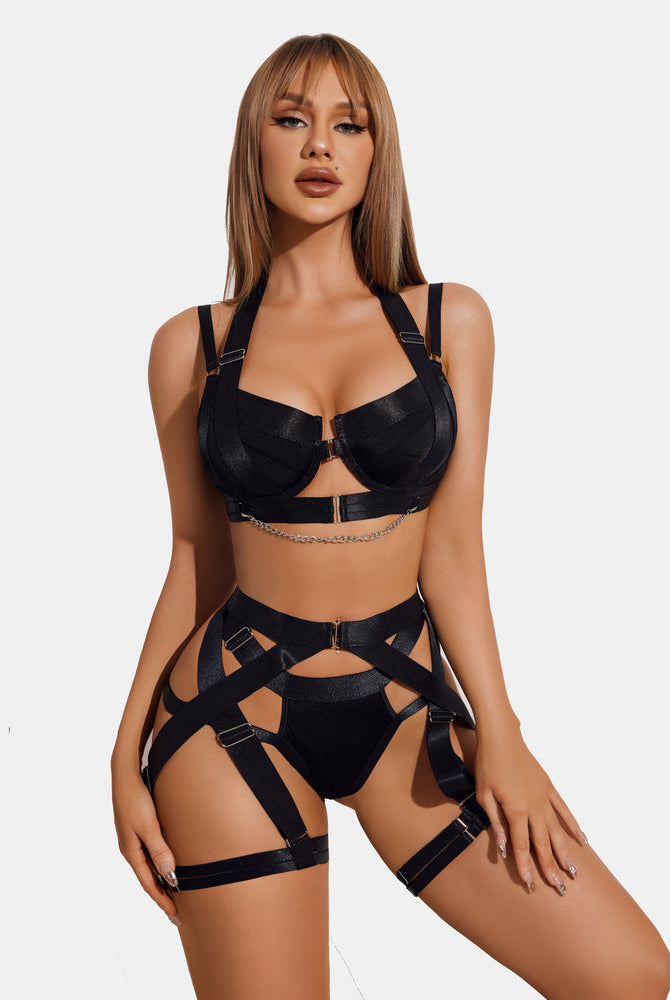 Black lingerie garter set with chain detail and halter bra, sexy and stylish