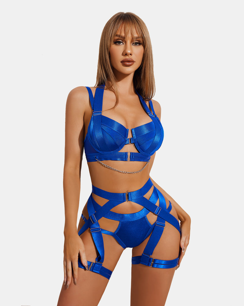 Blue lingerie garter set with chain detail, sexy and stylish, perfect for confident women