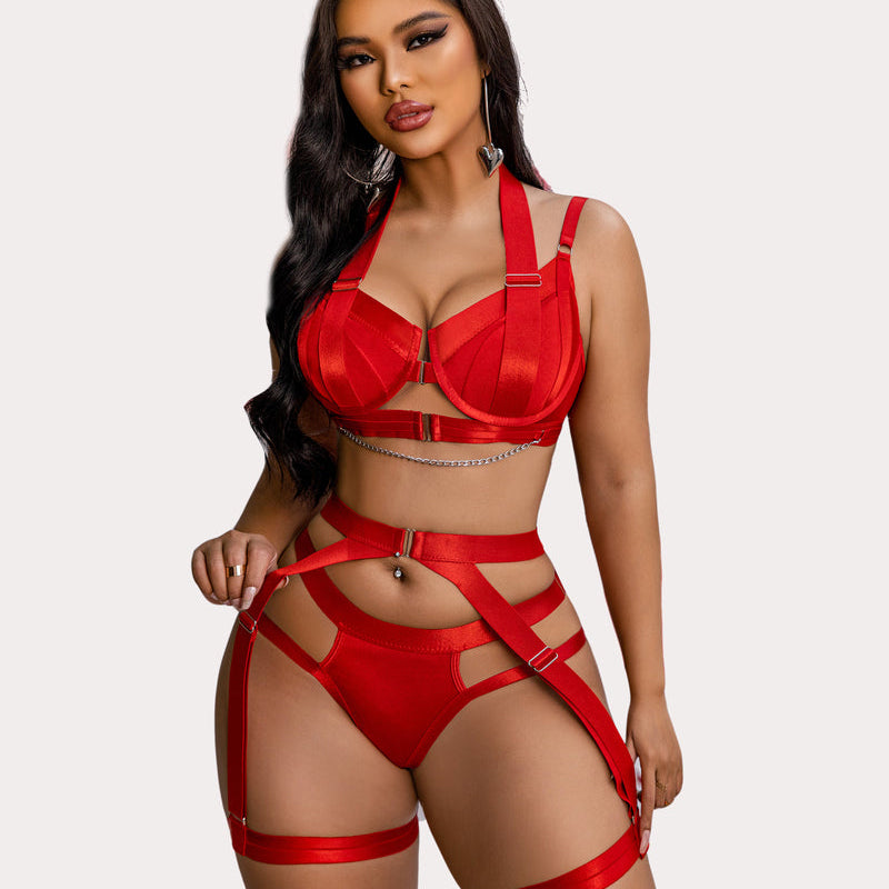 Red push-up bra garter set with chain detail, high-waisted design. Sexy lingerie for women, Avidlove
