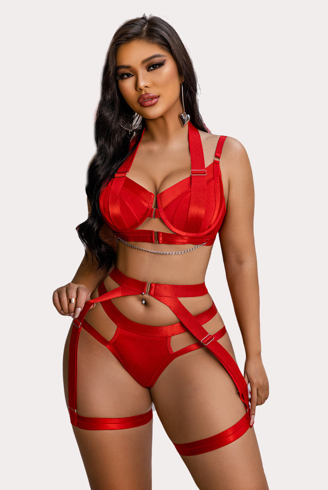 Red lingerie garter set with chain detail and halter bra from Avidlove, sexy for women