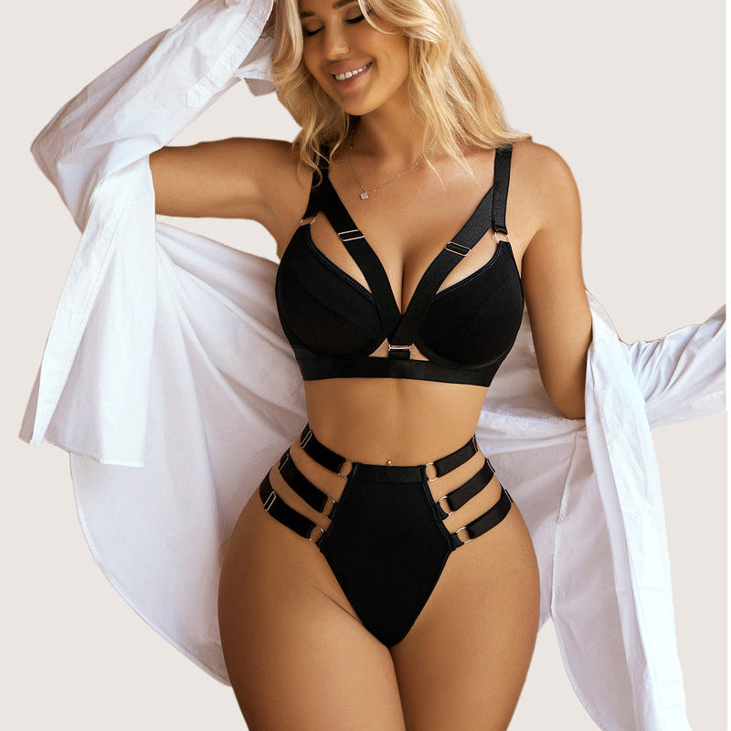 Black strappy push-up bra and panty set with metal ring details; sexy lingerie for confident women