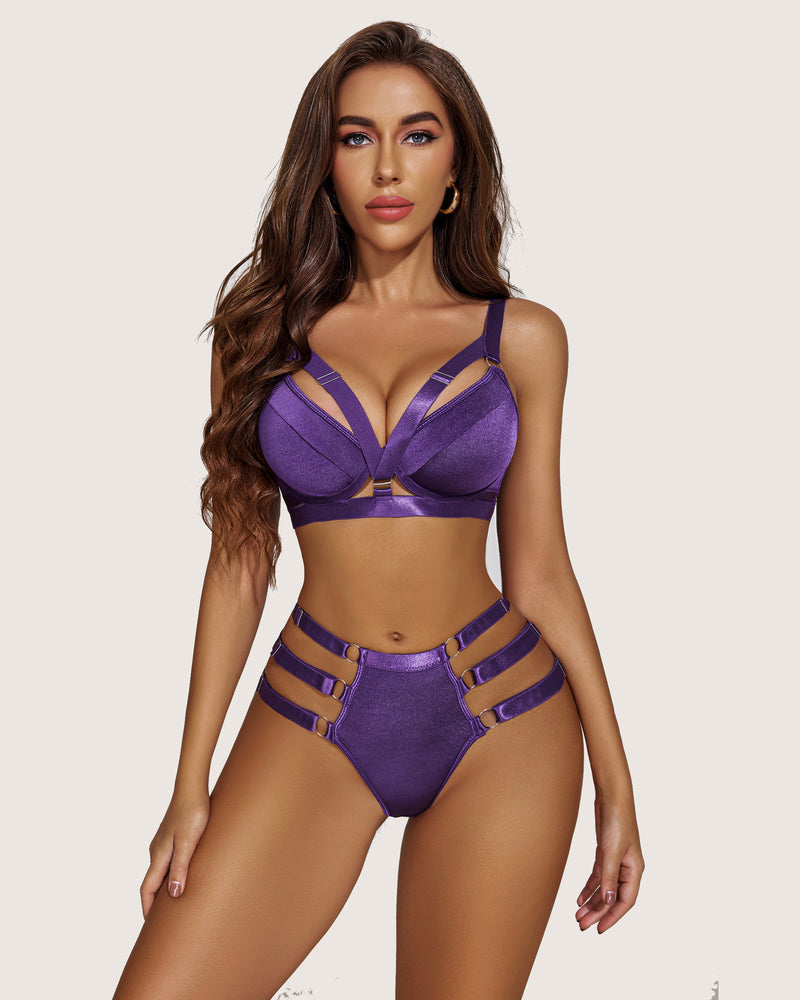 Purple push-up bra and panty set with strappy details. Sexy lingerie for a confident woman.