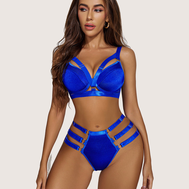 Royal blue strappy push-up bra and panty set with metal ring details; sexy lingerie for women