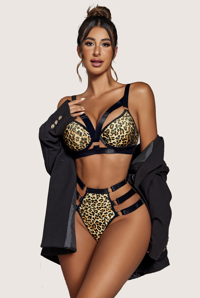Leopard print push-up bra and panty set with strappy details; sexy lingerie for confident women