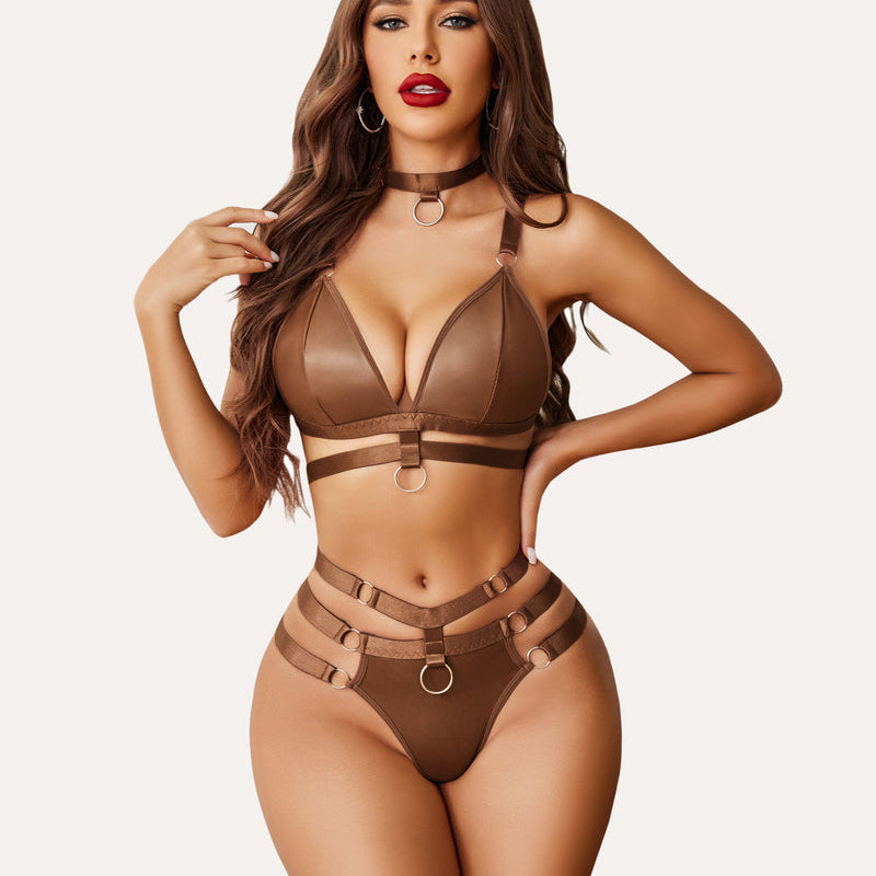 Brown O-Ring cut-out lingerie set. Edgy bra, panty, and choker with O-ring details.